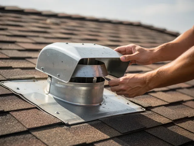 Newark Dryer Vent Cleaning certified technician safely cleaning a roof-mounted dryer vent in Newark
