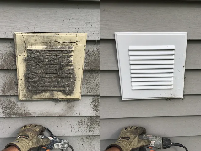 Newark Dryer Vent Cleaning technician installing high-quality dryer vent cover at a residential property in Newark