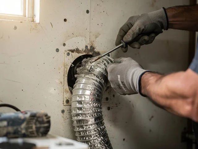 Newark Dryer Vent Cleaning technician performing precise dryer vent hose installation in Newark
